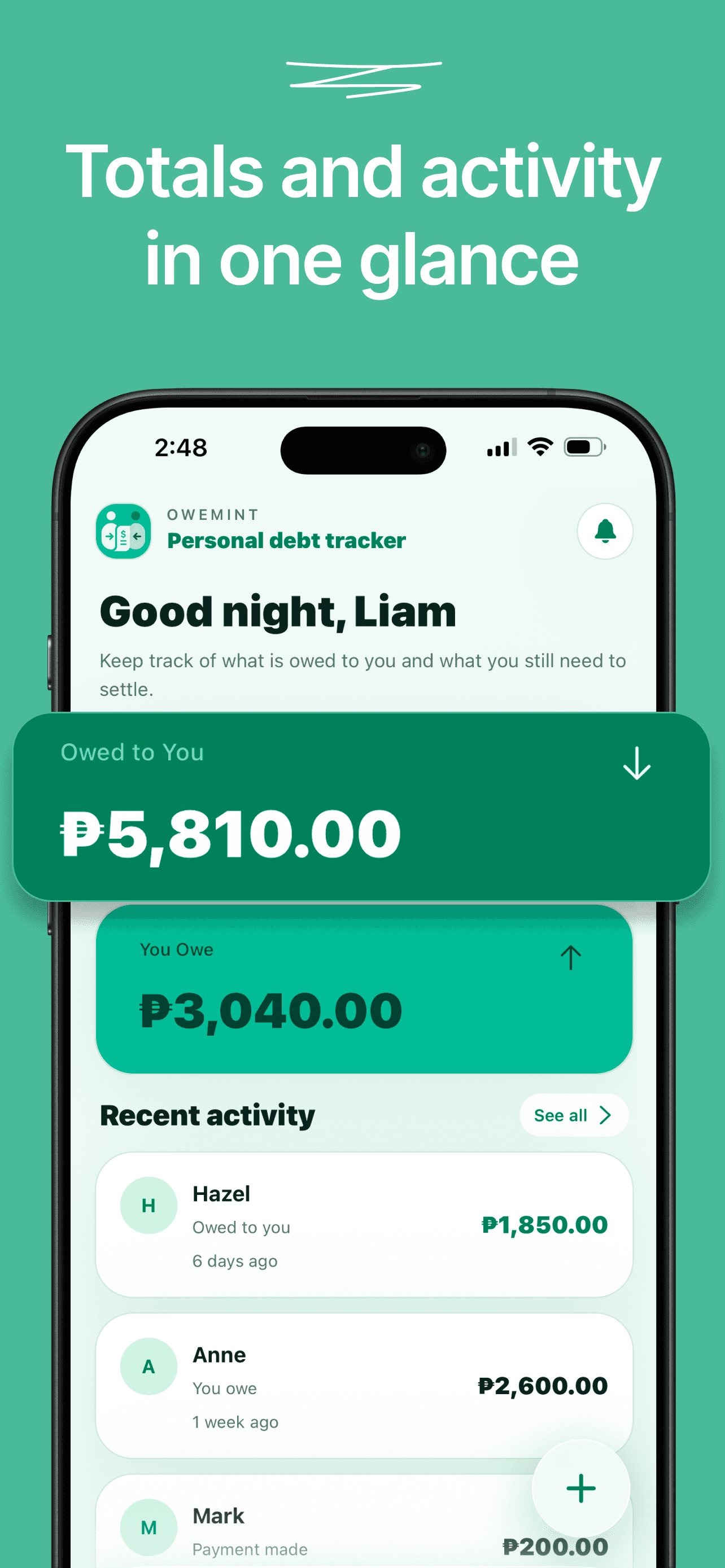 Owemint screenshot showing an entry details screen.