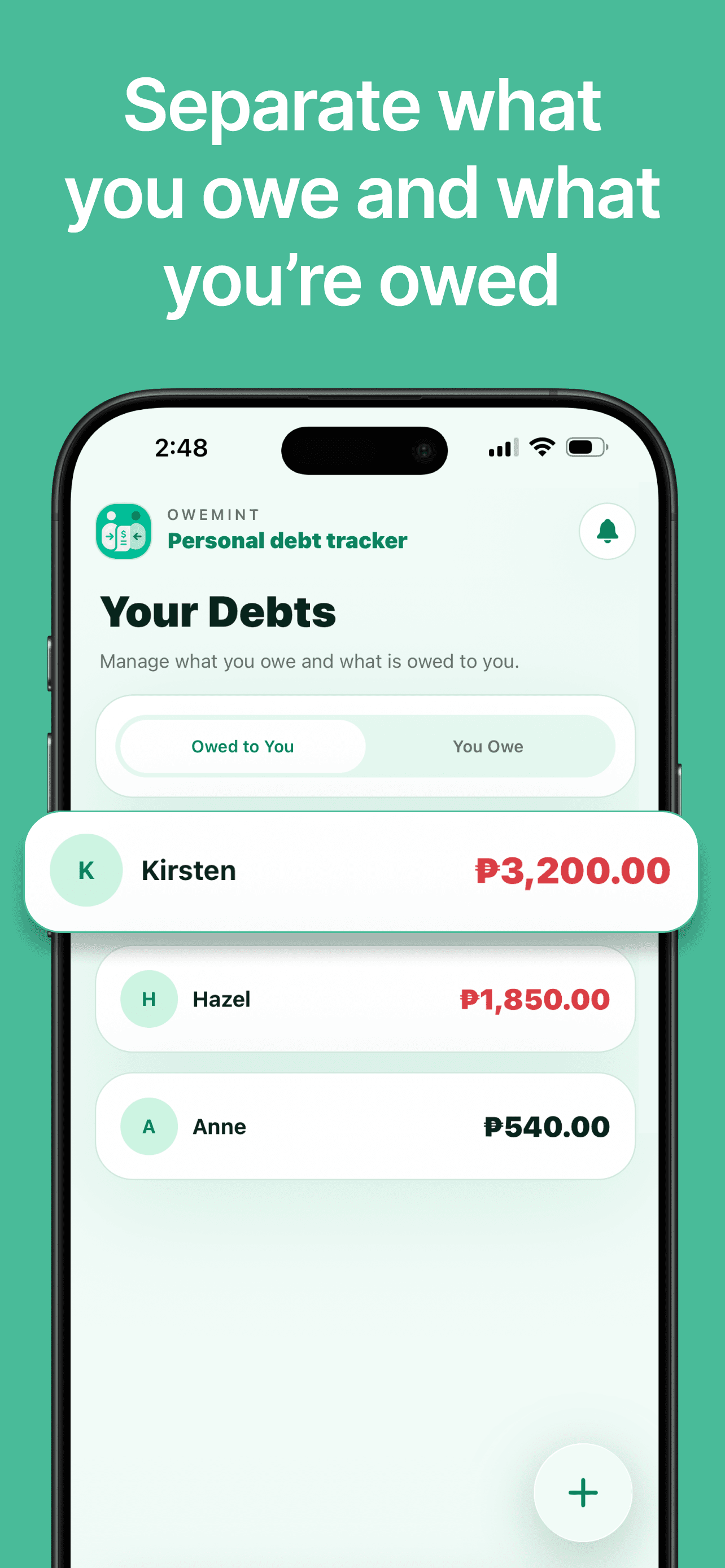 Owemint screenshot showing the activity and balance history.