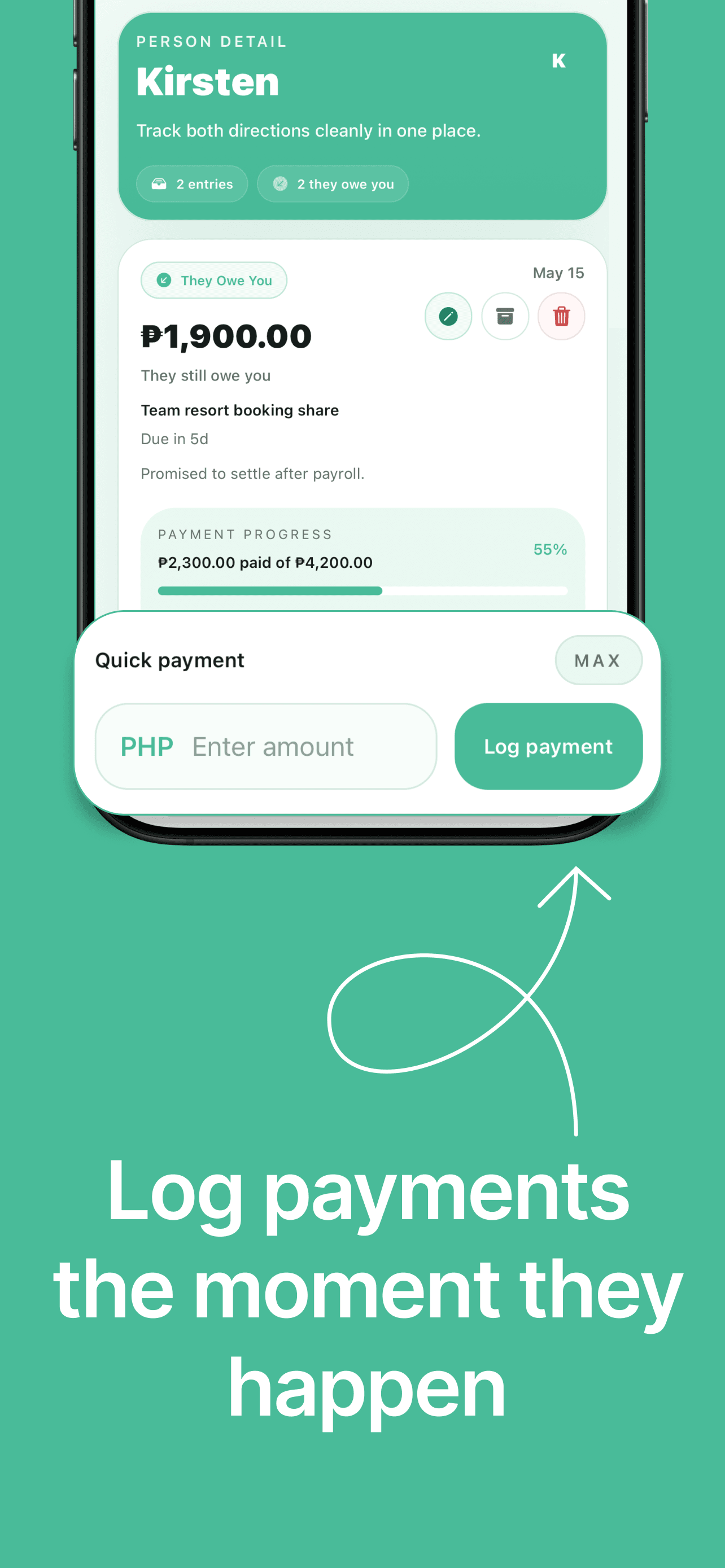 Owemint screenshot showing reminders and follow-ups.