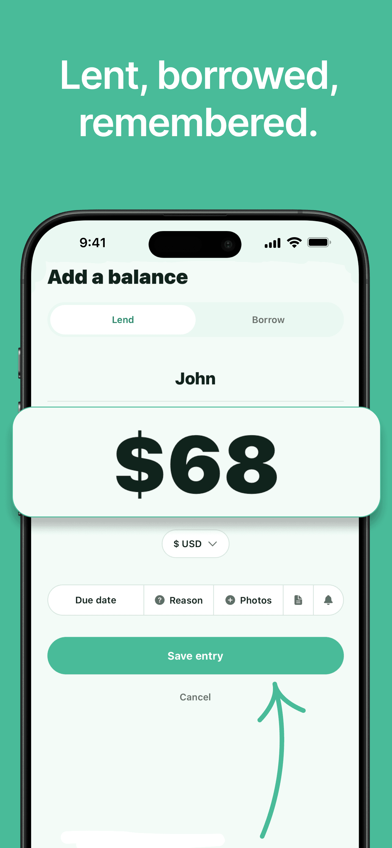 Add balance screen with fields for entering a new owed or borrowed amount.